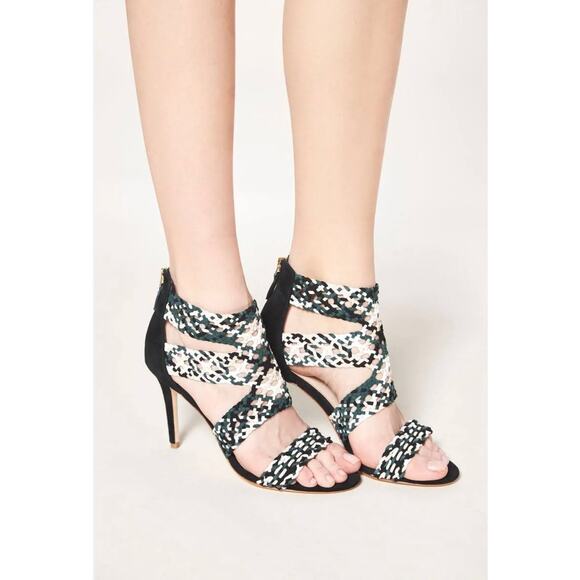 NEW Sandro Agate Vert Sapin Green Black Woven Strap Open Toe Heel Sandal 39 - Picture 4 of 10